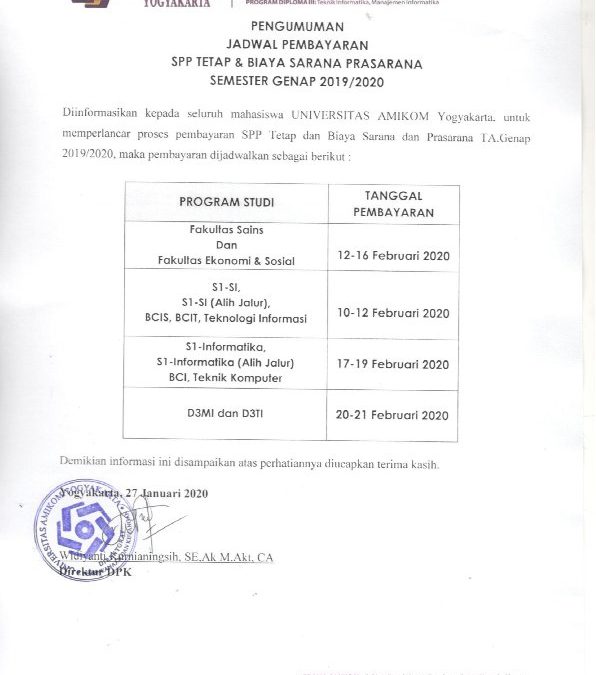 Pengumuman Jadwal Pembayaran Spp Tetap & Biaya Sarana Prasarana Semester Genap 2019/2020