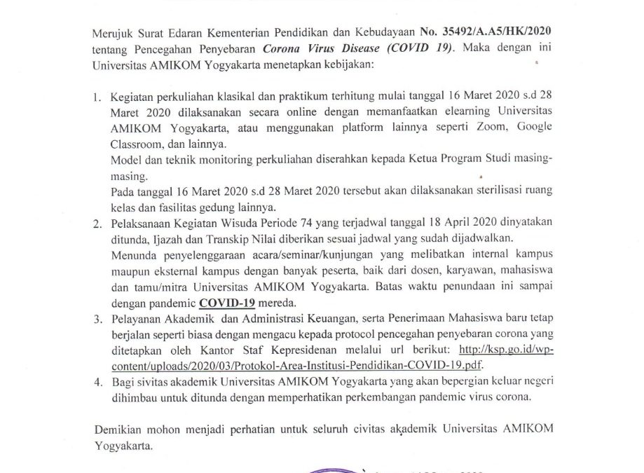 Surat Edaran Pencegahan Dampak Virus Corona Bagi Civitas Universitas Amikom Yogyakarta