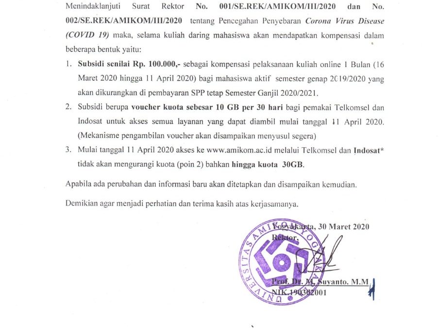 Kebijakan Perkuliahan Daring Terkait Covid-19