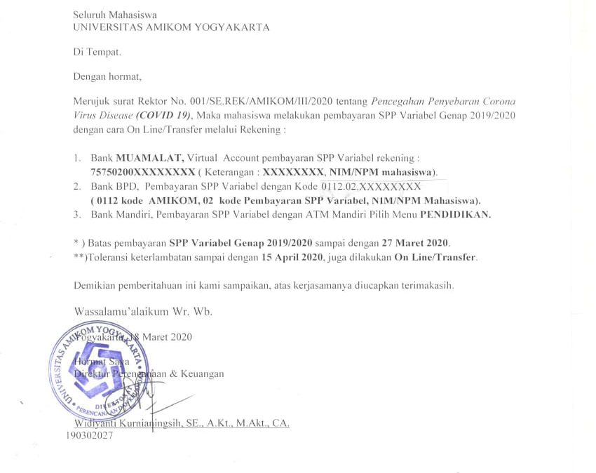 Info Pembayaran SPP Variabel Genap 2019/2020