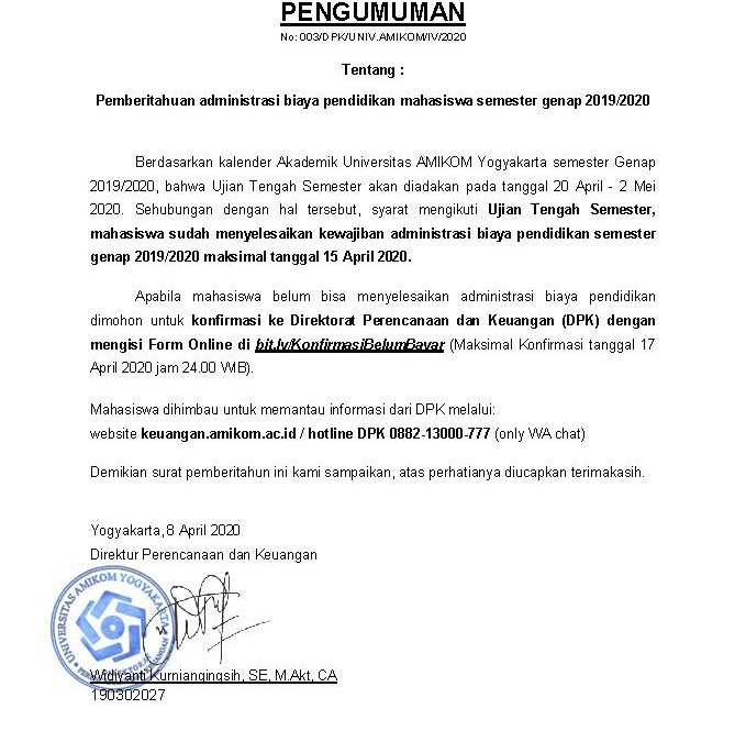 Pemberitahuan Administrasi Biaya Pendidikan Mahasiswa  Genap 2019/2020