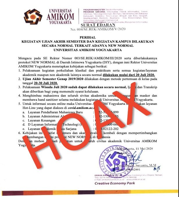 Waspada Berita HOAX Terkait Perpanjangan Perkuliahan Daring dan Kegiatan KampusTerkait Pencegahan Dampak COVID-19