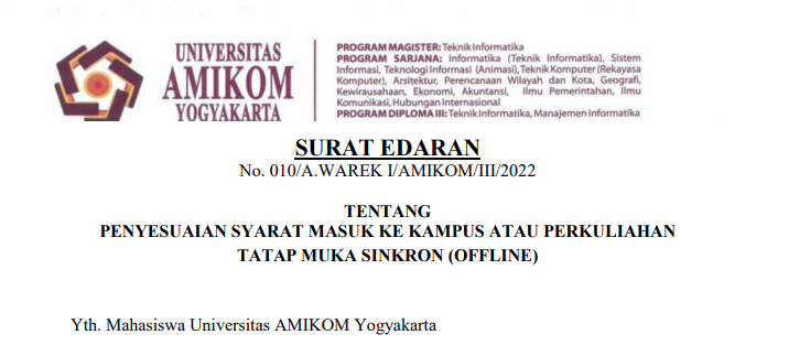 PENYESUAIAN SYARAT MASUK KE KAMPUS ATAU PERKULIAHAN TATAP MUKA SINKRON (OFFLINE)